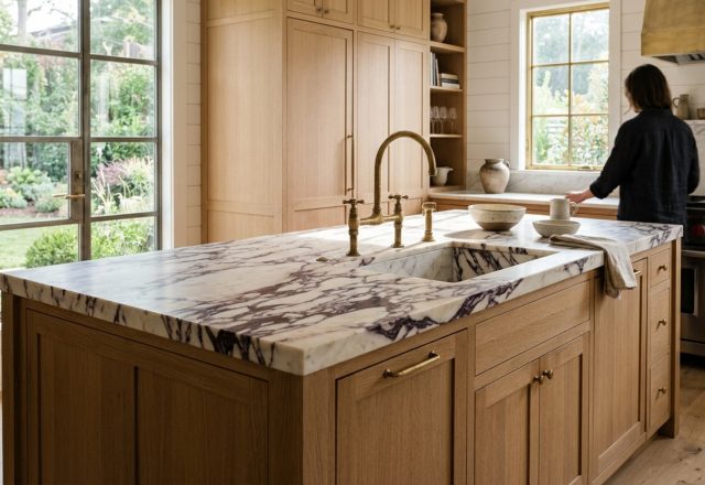 DIY kitchen layout software showing a sophisticated kitchen island with Calacatta Viola marble and unlacquered brass faucets in natural morning light.