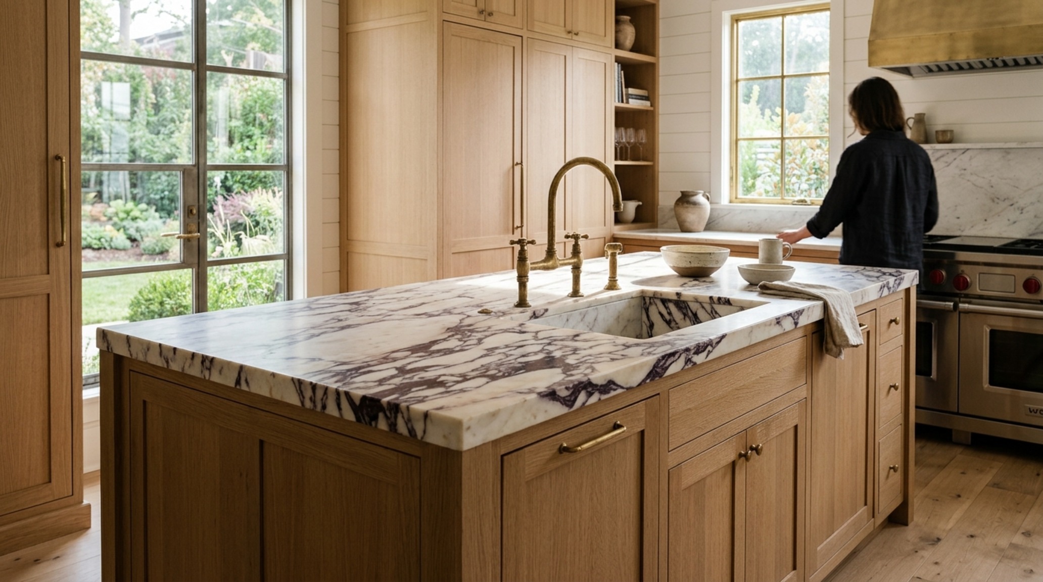 DIY kitchen layout software showing a sophisticated kitchen island with Calacatta Viola marble and unlacquered brass faucets in natural morning light. DIY kitchen layout software showing a sophisticated kitchen island with Calacatta Viola marble and unlacquered brass faucets in natural morning light.