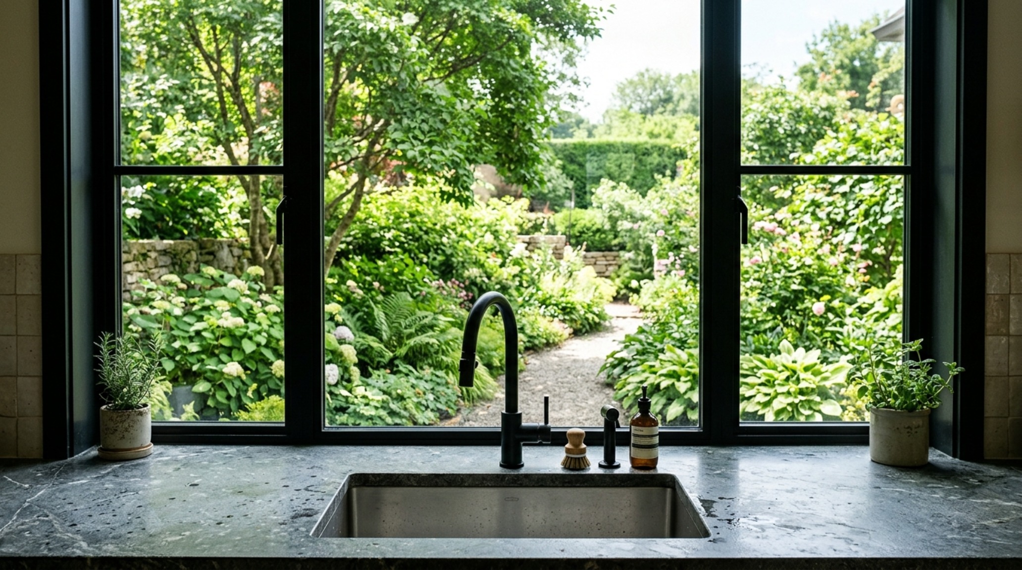 DIY kitchen layout software perspective of a window-side sink area with views of a landscaped garden and natural stone textures. DIY kitchen layout software perspective of a window-side sink area with views of a landscaped garden and natural stone textures.