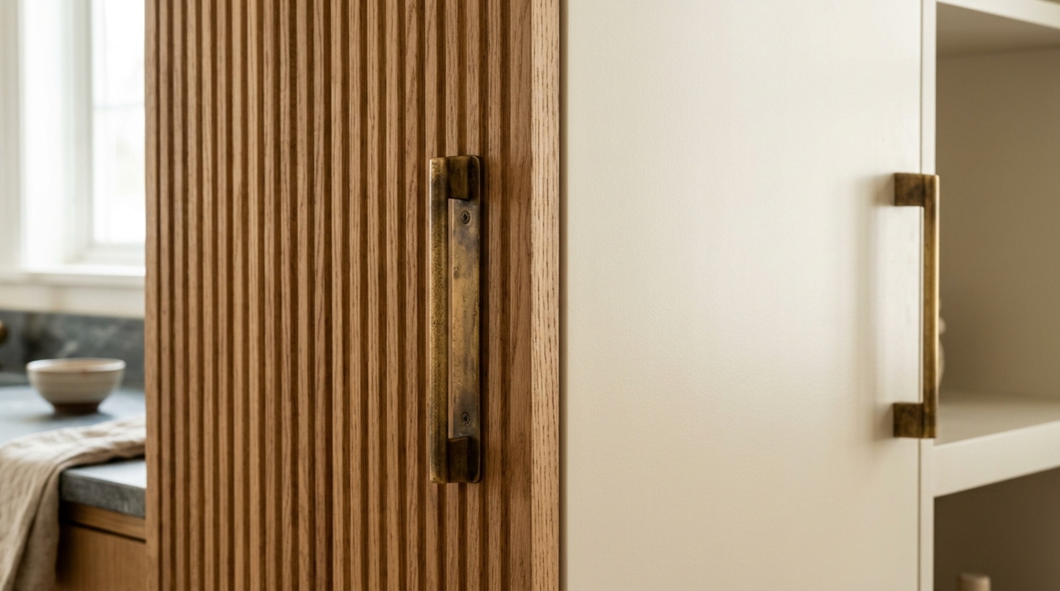 Kitchen cabinet visualizer online featuring fluted white oak upper cabinets and Benjamin Moore Swiss Coffee paint on a smooth plaster wall. Kitchen cabinet visualizer online featuring fluted white oak upper cabinets and Benjamin Moore Swiss Coffee paint on a smooth plaster wall.