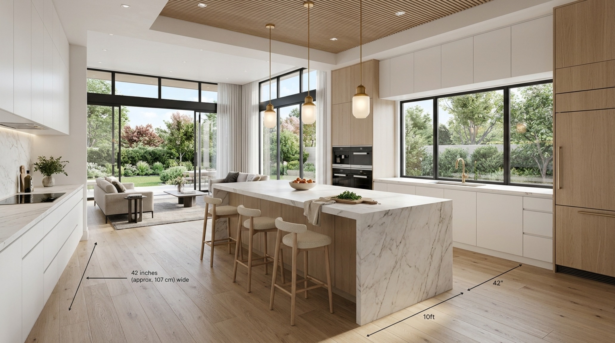 3D kitchen rendering tool displaying a wide-angle view of a modern transitional kitchen with 42-inch walkways and integrated panel appliances. 3D kitchen rendering tool displaying a wide-angle view of a modern transitional kitchen with 42-inch walkways and integrated panel appliances.