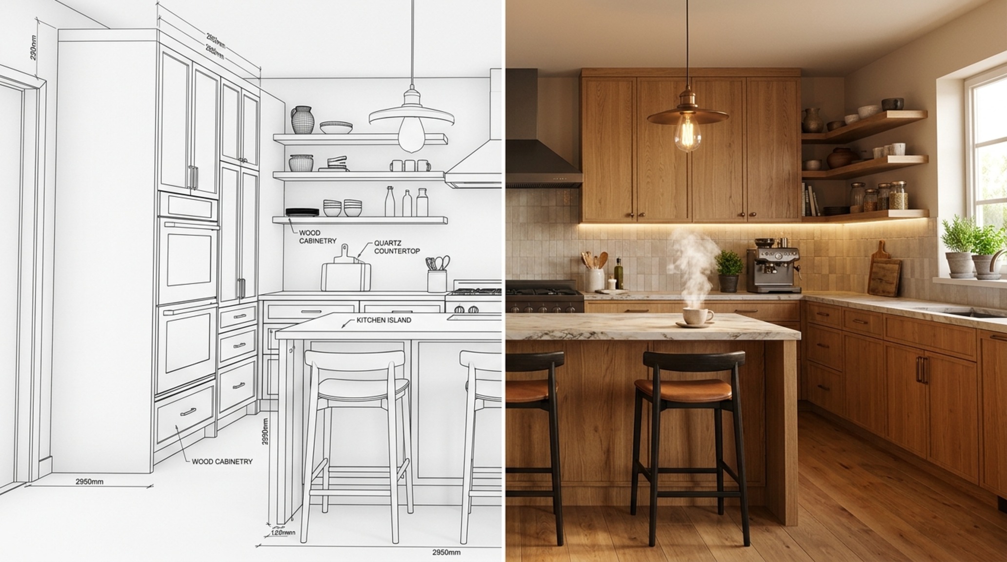 Virtual kitchen remodel transition showing the comparison between a raw floor plan and a finished atmospheric rendering with 2700K warm lighting. Virtual kitchen remodel transition showing the comparison between a raw floor plan and a finished atmospheric rendering with 2700K warm lighting.