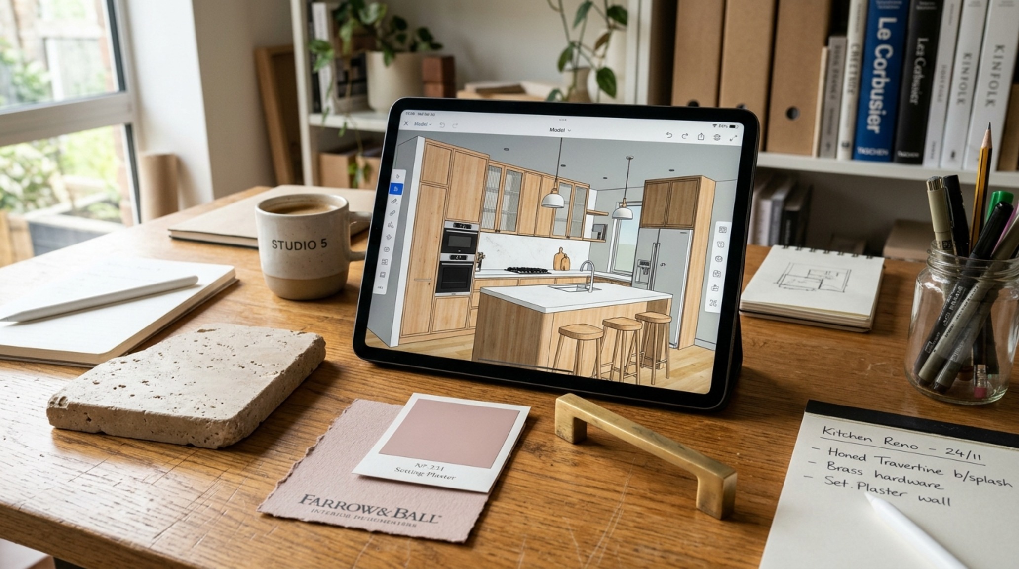 Online kitchen designer consultation mood board featuring swatches of Setting Plaster paint, soapstone samples, and brass hardware. Online kitchen designer consultation mood board featuring swatches of Setting Plaster paint, soapstone samples, and brass hardware.
