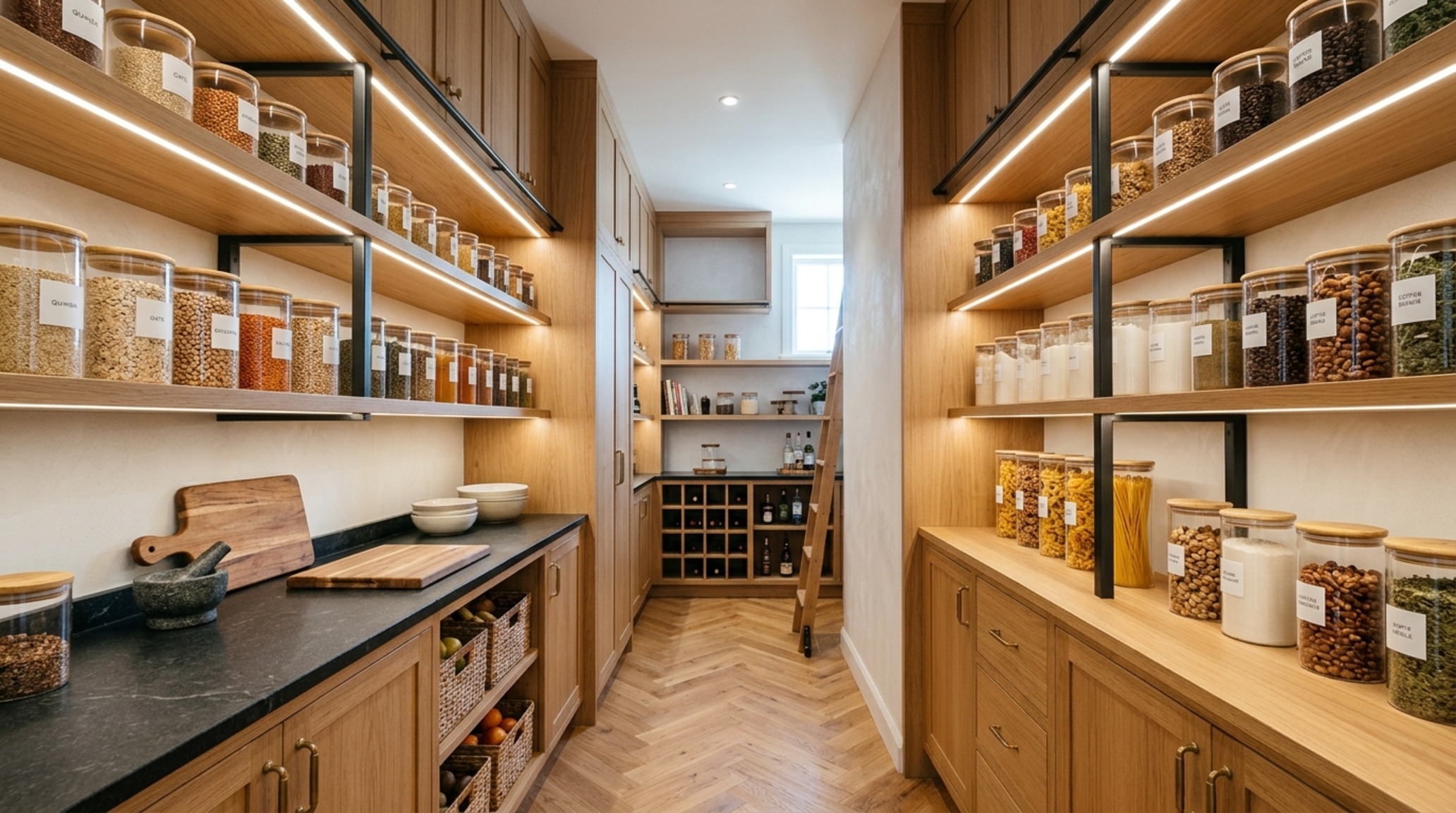 Virtual kitchen remodel showing a high-CRI lighting study of a walk-in pantry with organized oak shelving and motion-sensor LEDs. Virtual kitchen remodel showing a high-CRI lighting study of a walk-in pantry with organized oak shelving and motion-sensor LEDs.