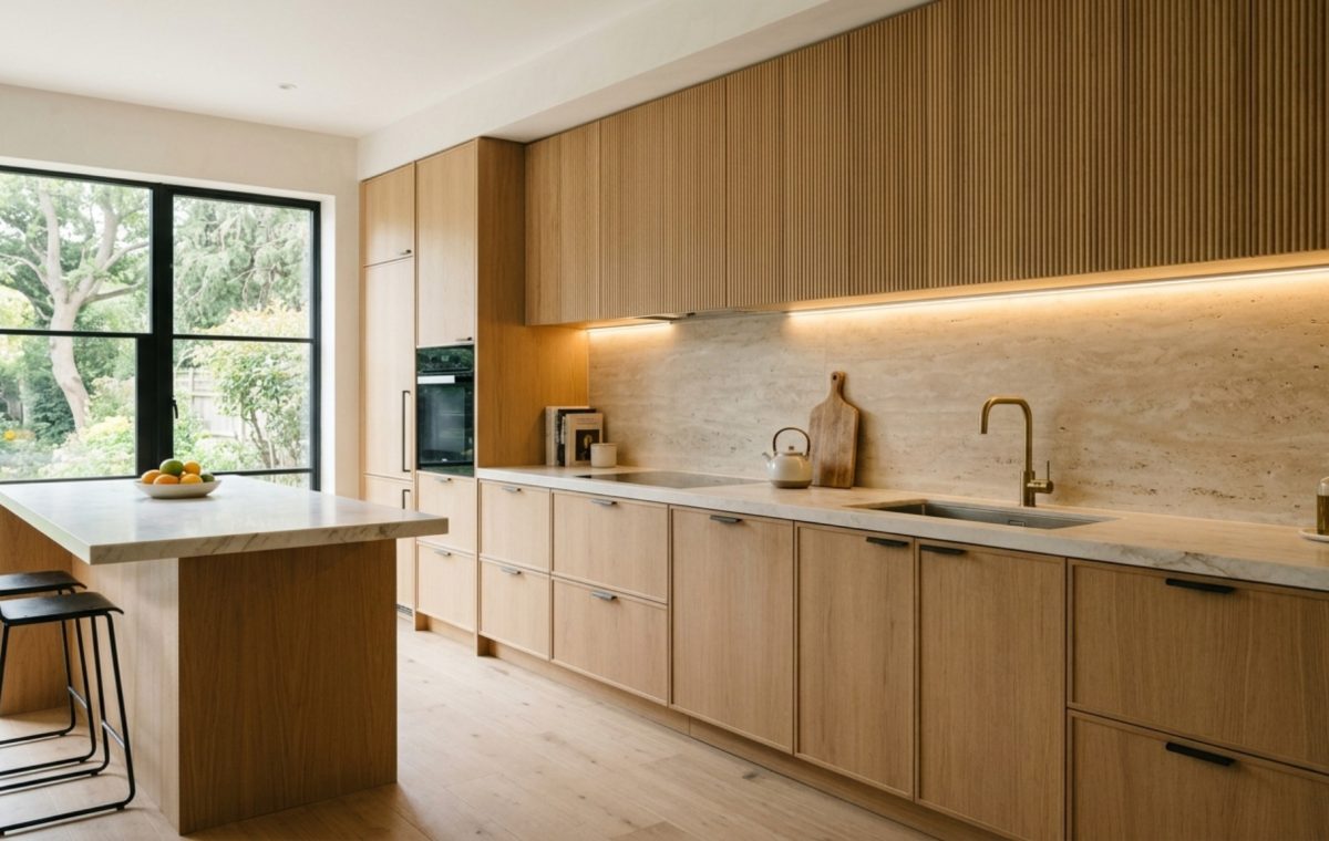 A wide-angle architectural shot of a minimalist kitchen with fluted white oak cabinets and soft 2700K ambient lighting, illustrating how to install hang cabinets decor ideas.