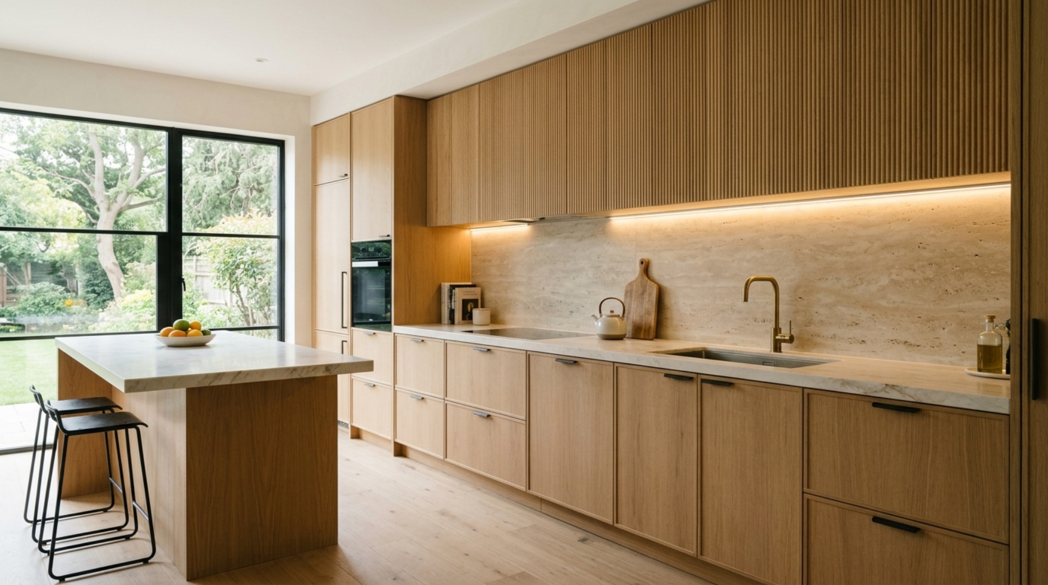 A wide-angle architectural shot of a minimalist kitchen with fluted white oak cabinets and soft 2700K ambient lighting, illustrating how to install hang cabinets decor ideas. A wide-angle architectural shot of a minimalist kitchen with fluted white oak cabinets and soft 2700K ambient lighting, illustrating how to install hang cabinets decor ideas.
