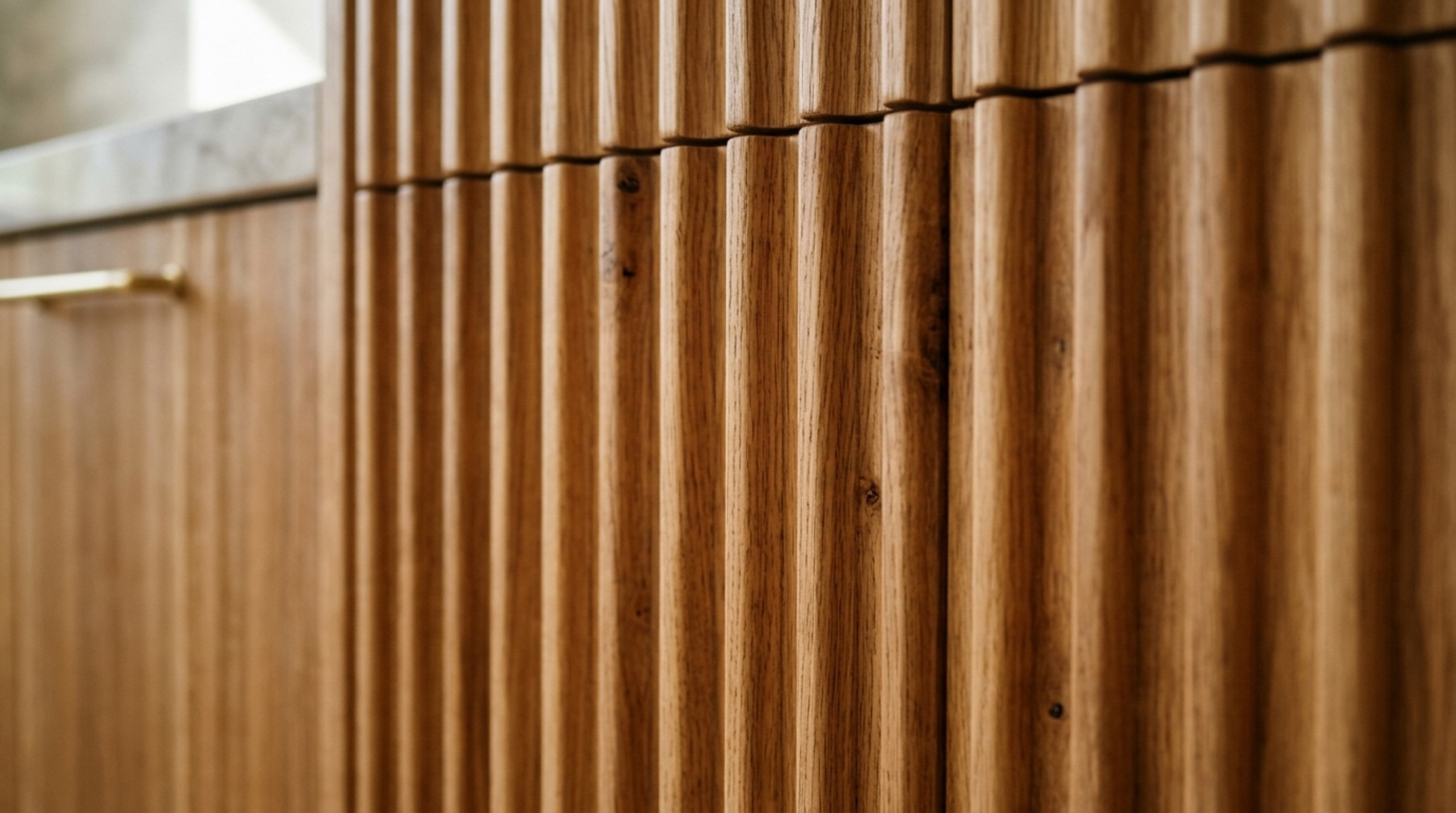 Detail of fluted timber texture on a kitchen island matching the wall mounted cabinetry, shot with a shallow depth of field. Detail of fluted timber texture on a kitchen island matching the wall mounted cabinetry, shot with a shallow depth of field.