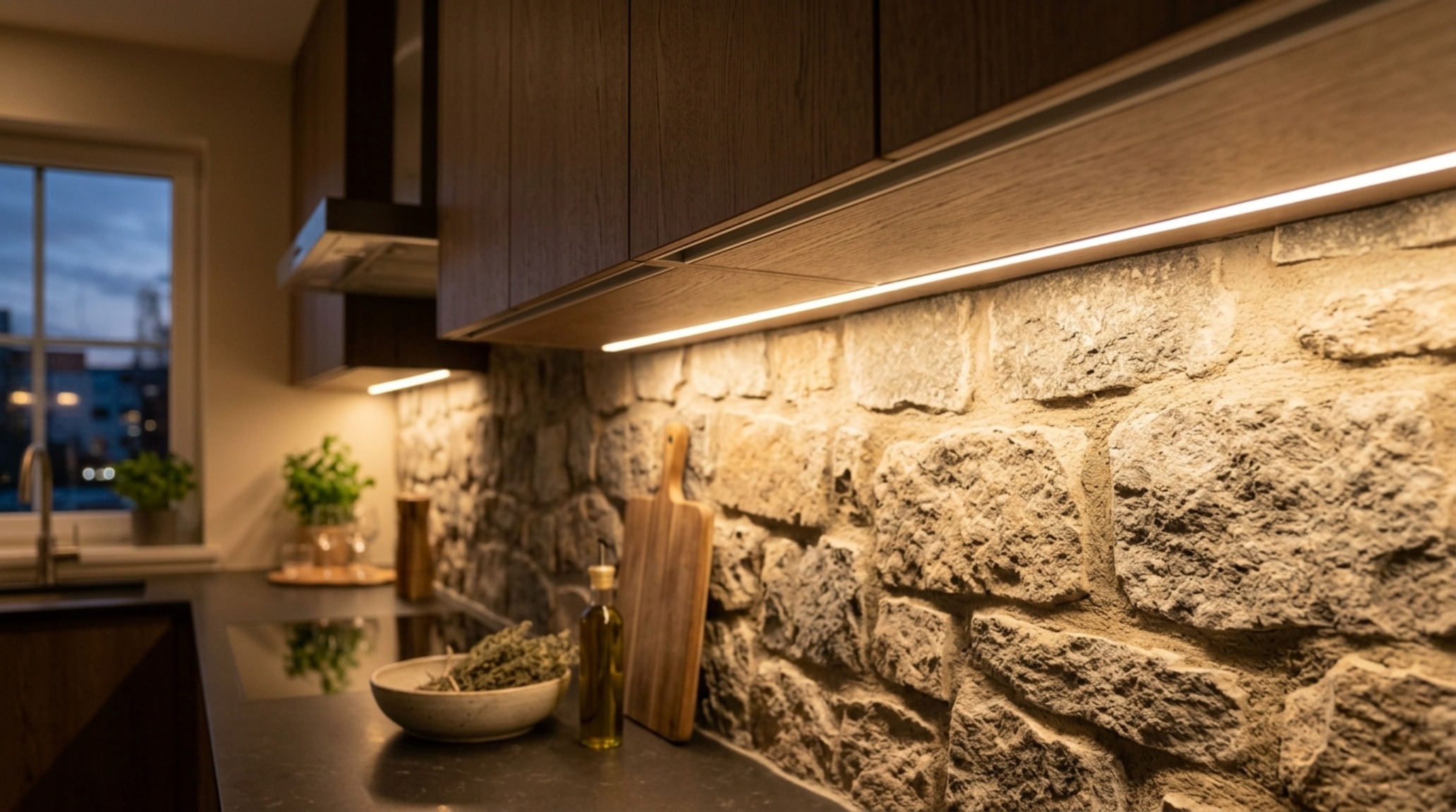 Warm 2700K LED light strips integrated into the base of floating kitchen cabinet design trends, illuminating a honed travertine backsplash. Warm 2700K LED light strips integrated into the base of floating kitchen cabinet design trends, illuminating a honed travertine backsplash.