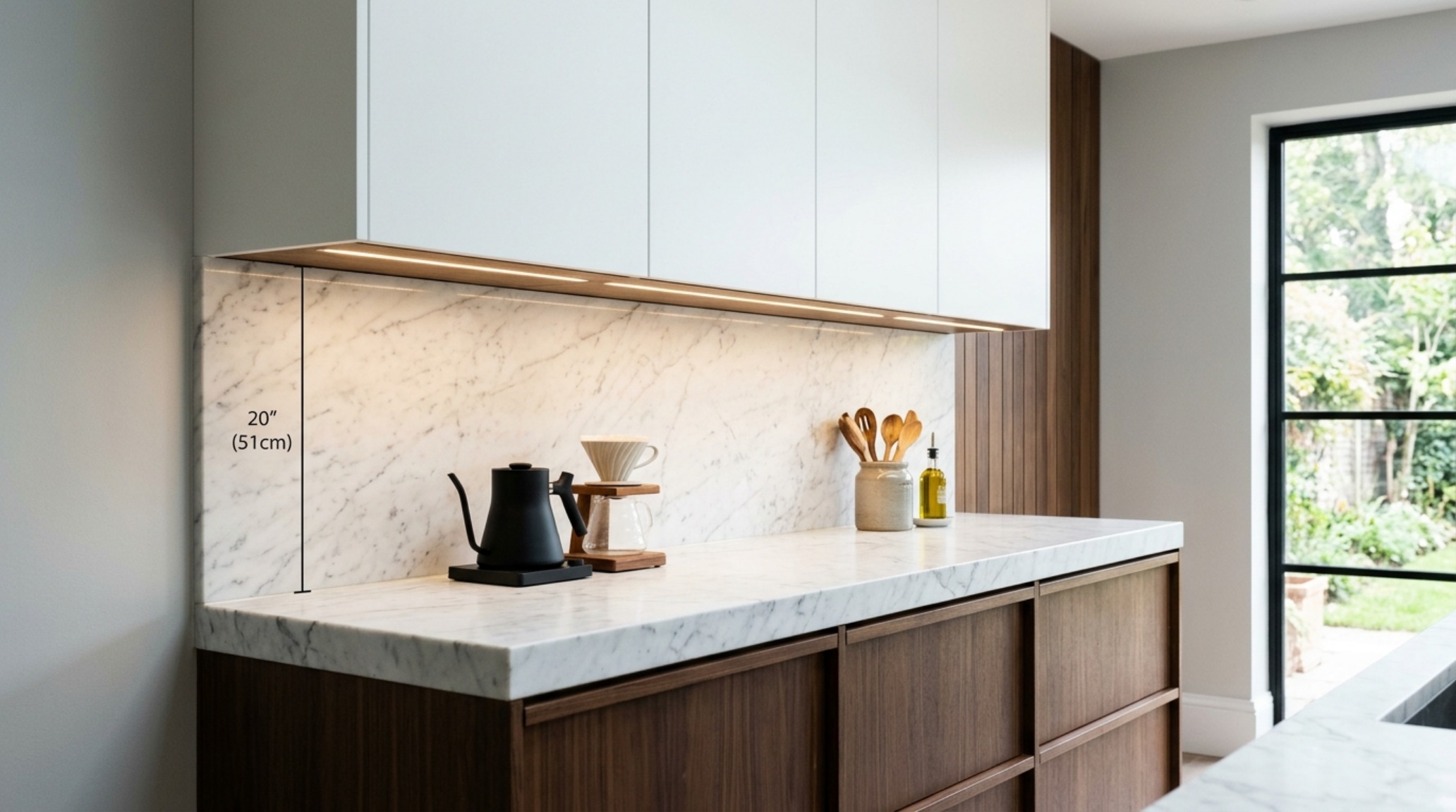 An aesthetic how to install hang cabinets interior shot focusing on the 20-inch clearance between the countertop and the floating cabinetry. An aesthetic how to install hang cabinets interior shot focusing on the 20-inch clearance between the countertop and the floating cabinetry.