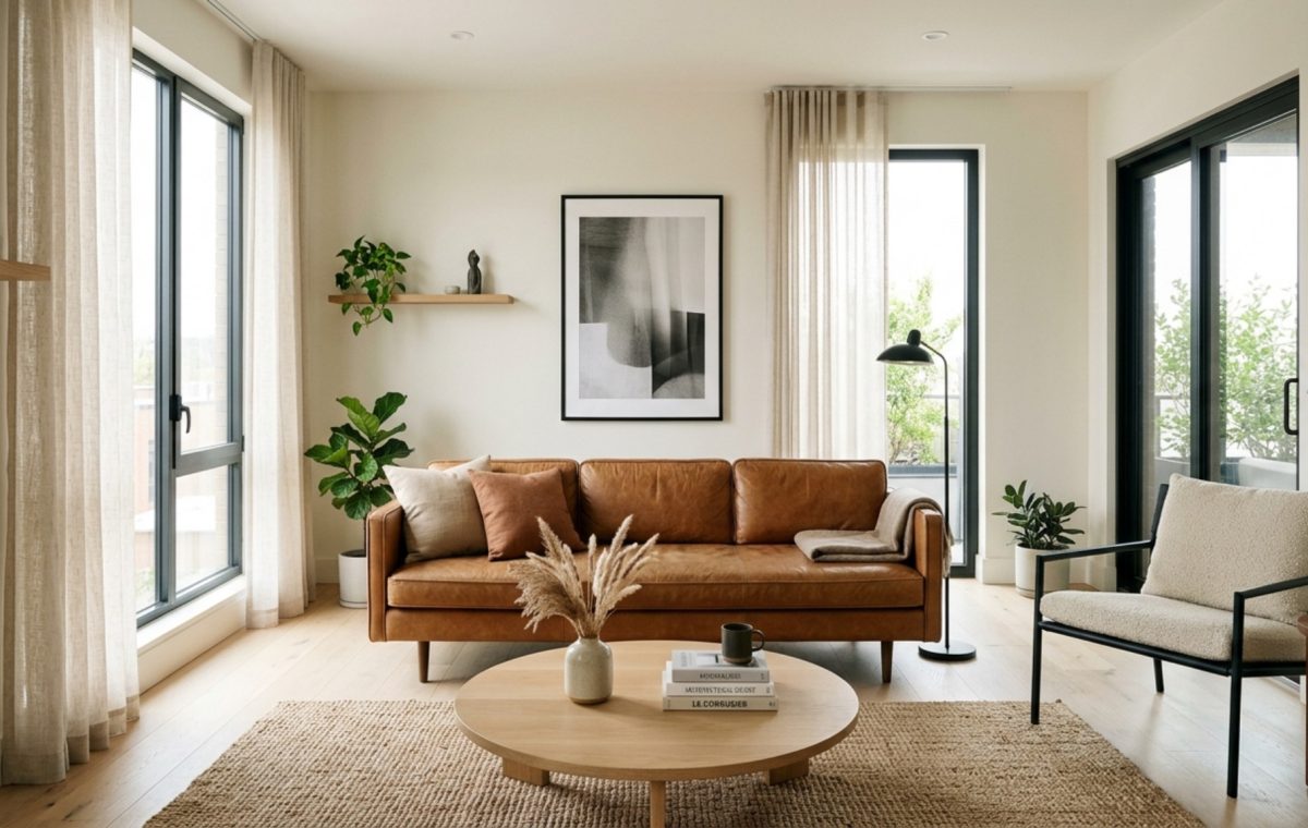 modern taking care of leather furniture ideas featuring a cognac leather sofa positioned away from direct sunlight in a minimalist living room with white oak floors