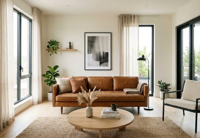 modern taking care of leather furniture ideas featuring a cognac leather sofa positioned away from direct sunlight in a minimalist living room with white oak floors