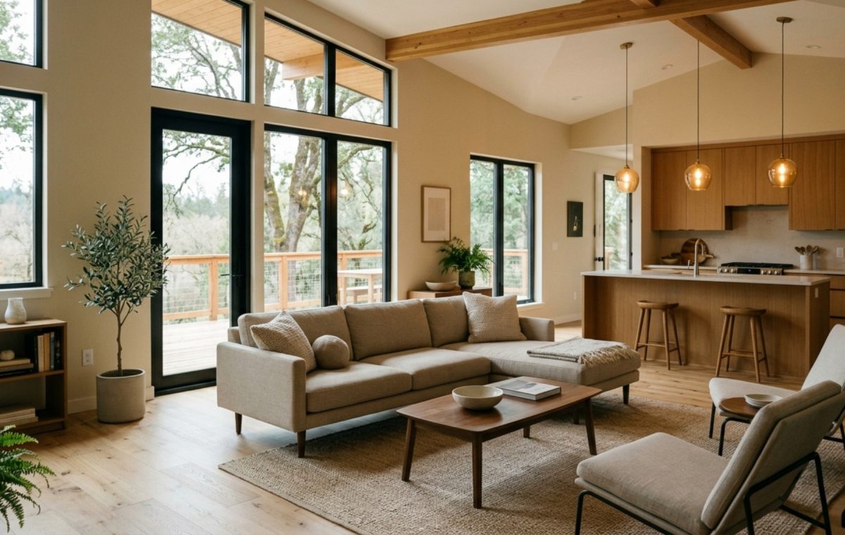 Open concept manufactured house design featuring a seamless transition between a low-profile linen sofa and a dining area with 36-inch clear walkways and natural oak flooring.