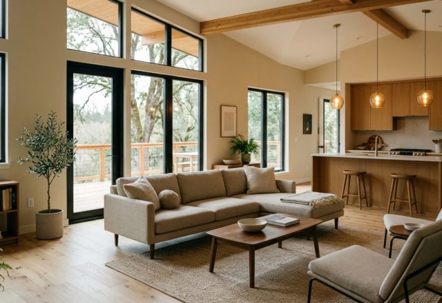 Open concept manufactured house design featuring a seamless transition between a low-profile linen sofa and a dining area with 36-inch clear walkways and natural oak flooring.
