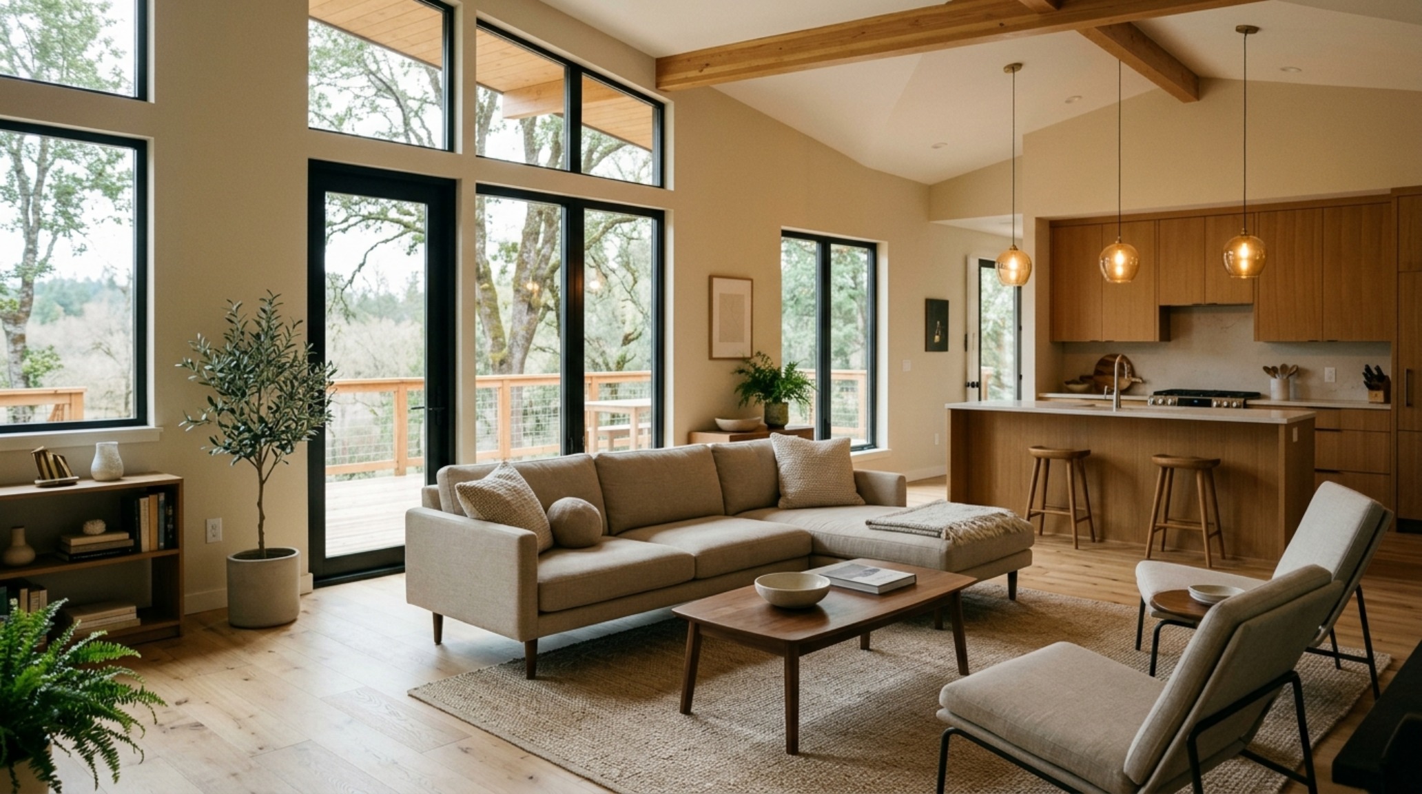 Open concept manufactured house design featuring a seamless transition between a low-profile linen sofa and a dining area with 36-inch clear walkways and natural oak flooring. Open concept manufactured house design featuring a seamless transition between a low-profile linen sofa and a dining area with 36-inch clear walkways and natural oak flooring.
