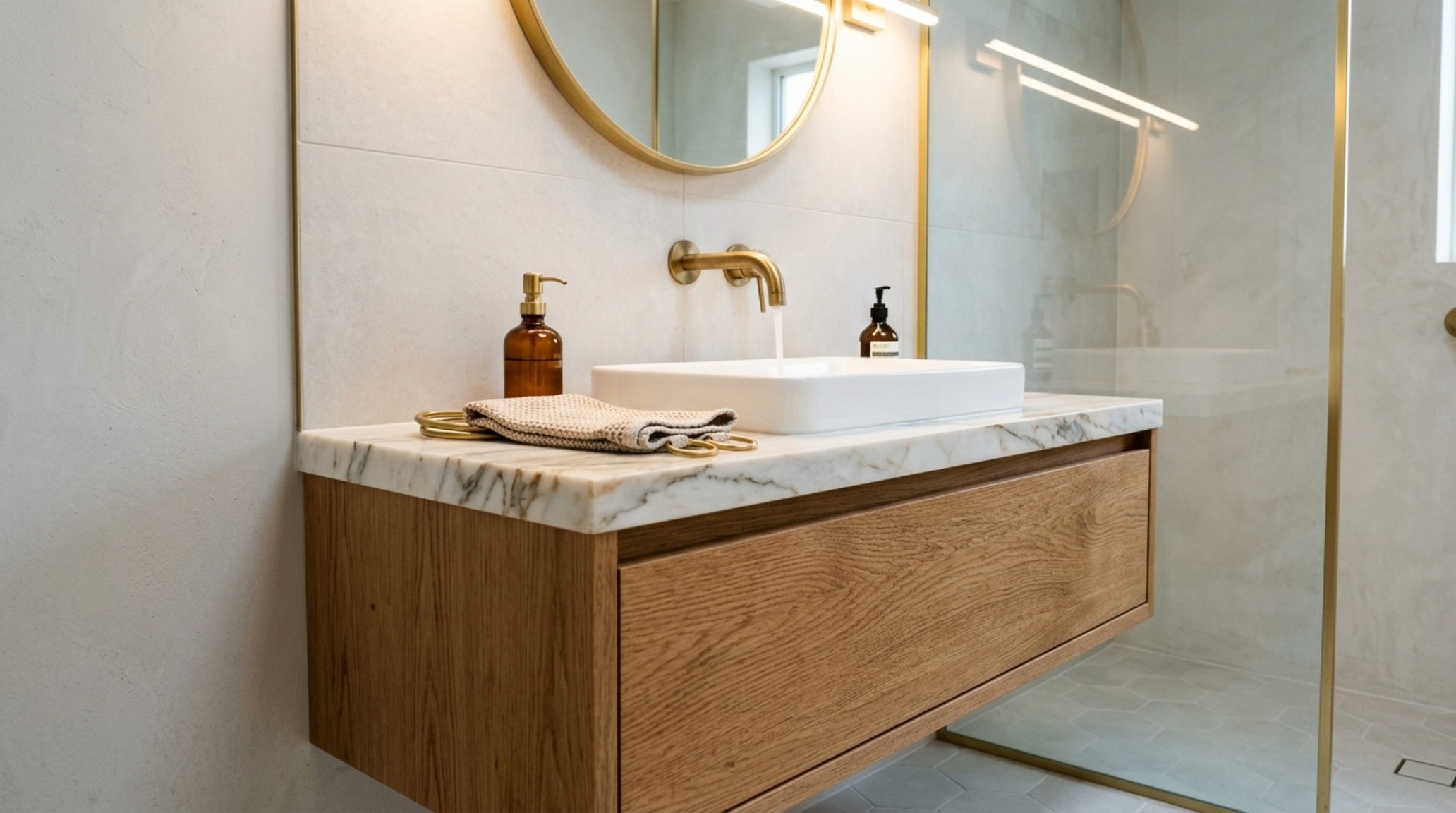 High-end prefab interior upgrades seen in a luxury bathroom with a wet room design, large-format porcelain tiles, and a floating vanity in fluted oak. High-end prefab interior upgrades seen in a luxury bathroom with a wet room design, large-format porcelain tiles, and a floating vanity in fluted oak.