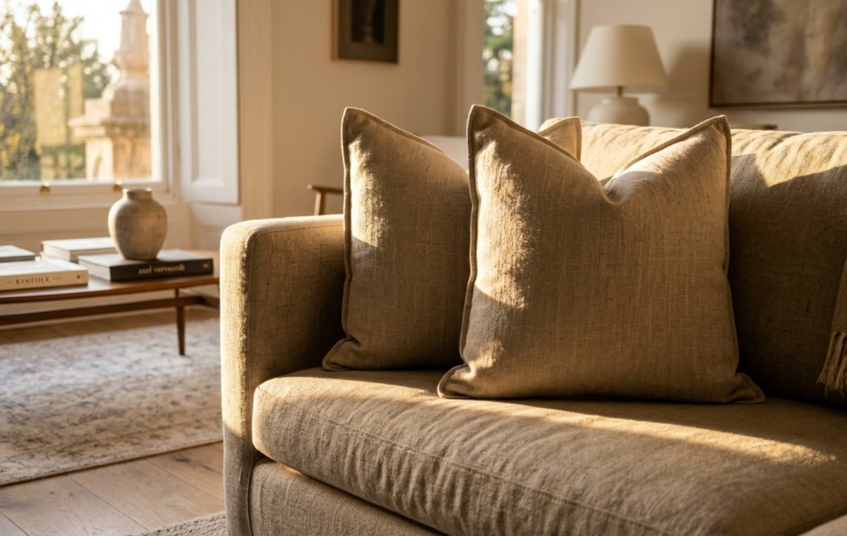 Designer pillow insert sizing guide featuring 24-inch anchor pillows with down inserts on a Belgian linen sofa in a bright living room.