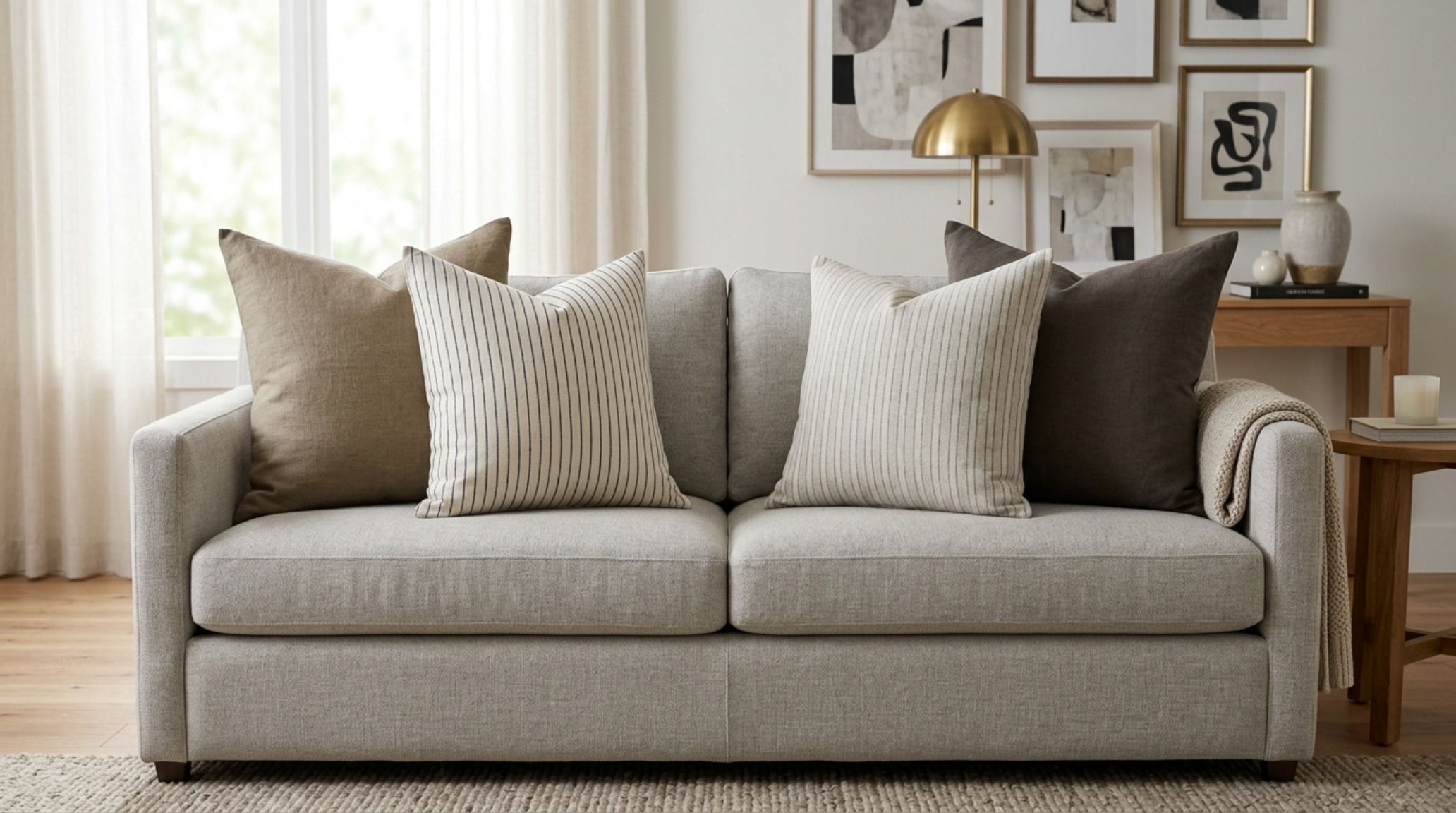 How to layer pillows on a couch using the 2-2-1 method with overlapping 22-inch squares in a soft neutral palette.