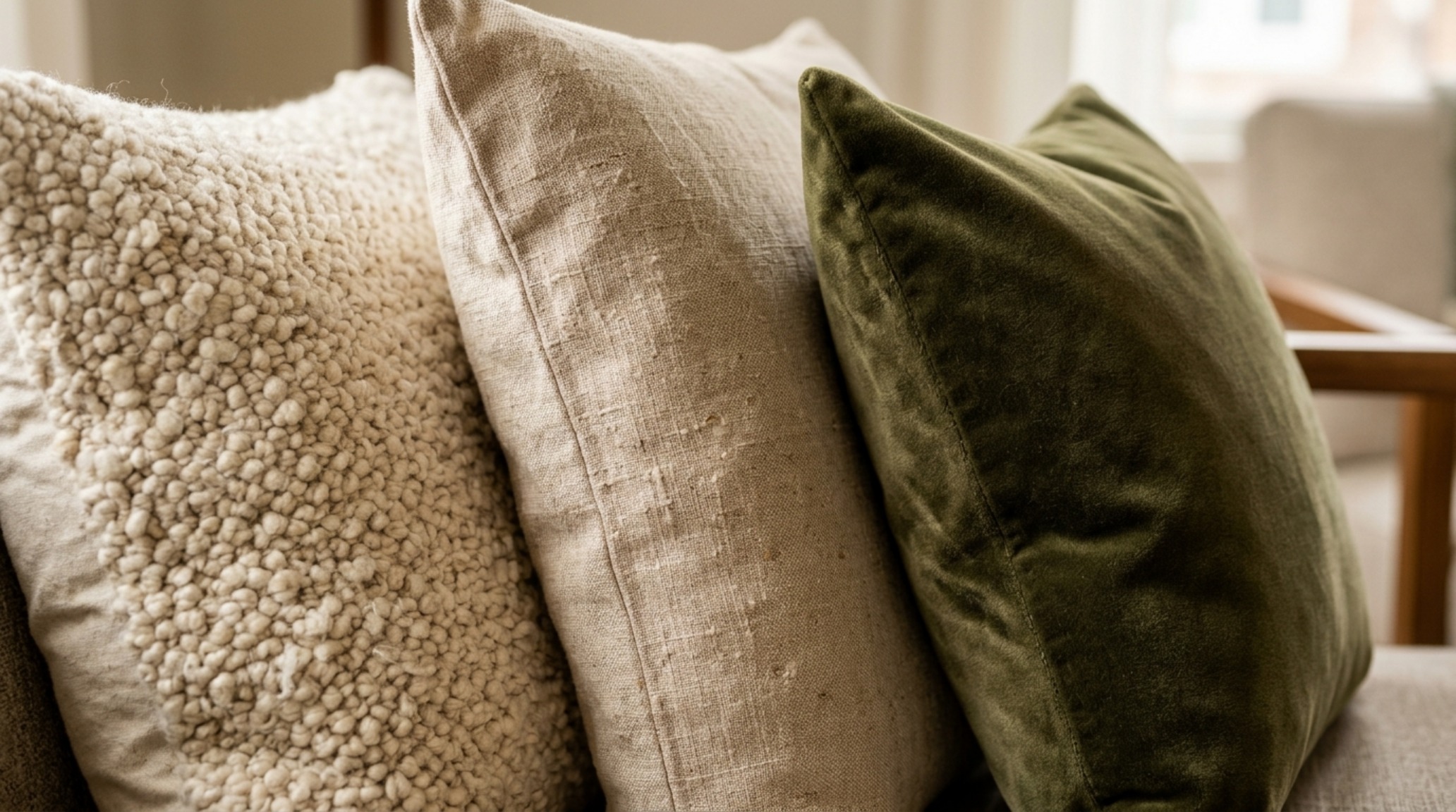 Mixing pillow patterns and textures with a combination of heavy-knit wool, smooth velvet, and pinstripe linen on a modern tuxedo sofa.