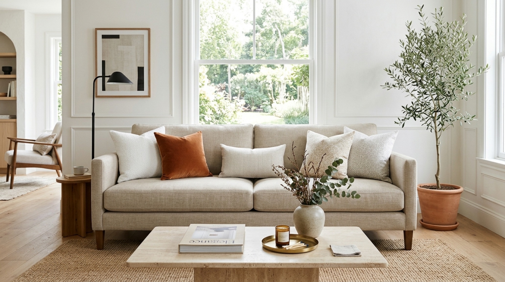 Best throw pillow arrangements for a high-end gallery look, emphasizing spatial volume and symmetrical balance on a custom upholstered sofa.