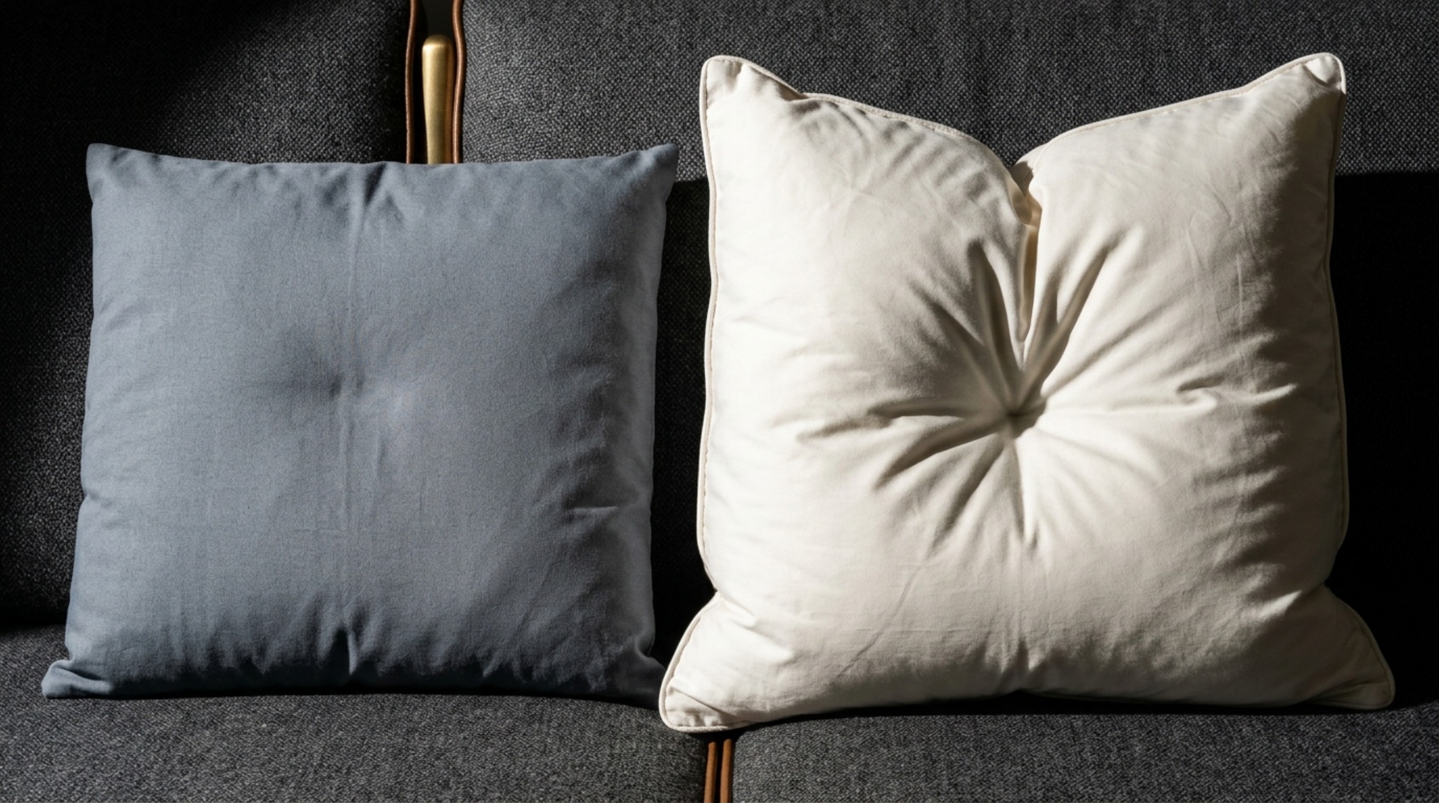 Designer pillow insert sizing guide close-up of the 'karate chop' effect on a 24-inch feather-filled pillow in a minimalist setting.