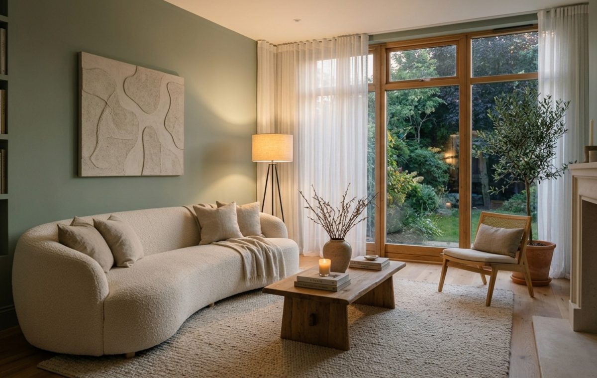 A luxury living room featuring sage green walls in Evergreen Fog, a cream bouclé sofa, and soft 2700K ambient lighting creating a warm evening glow.