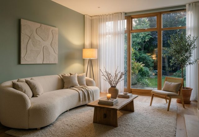 A luxury living room featuring sage green walls in Evergreen Fog, a cream bouclé sofa, and soft 2700K ambient lighting creating a warm evening glow.