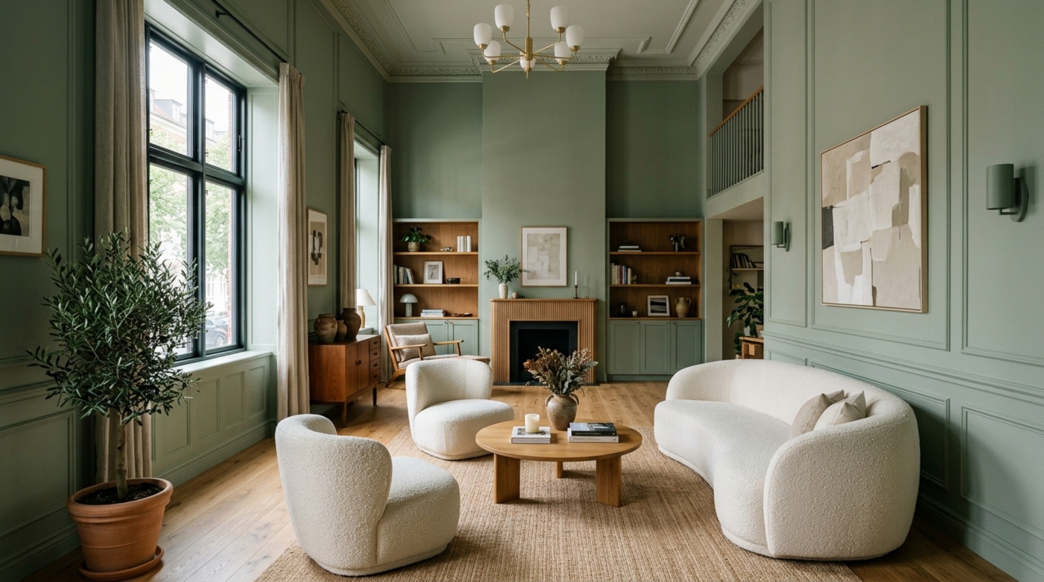 Evening view of a sage green sanctuary with multiple light layers, including floor lamps with 2700K warm glow and dimmable recessed lighting.
