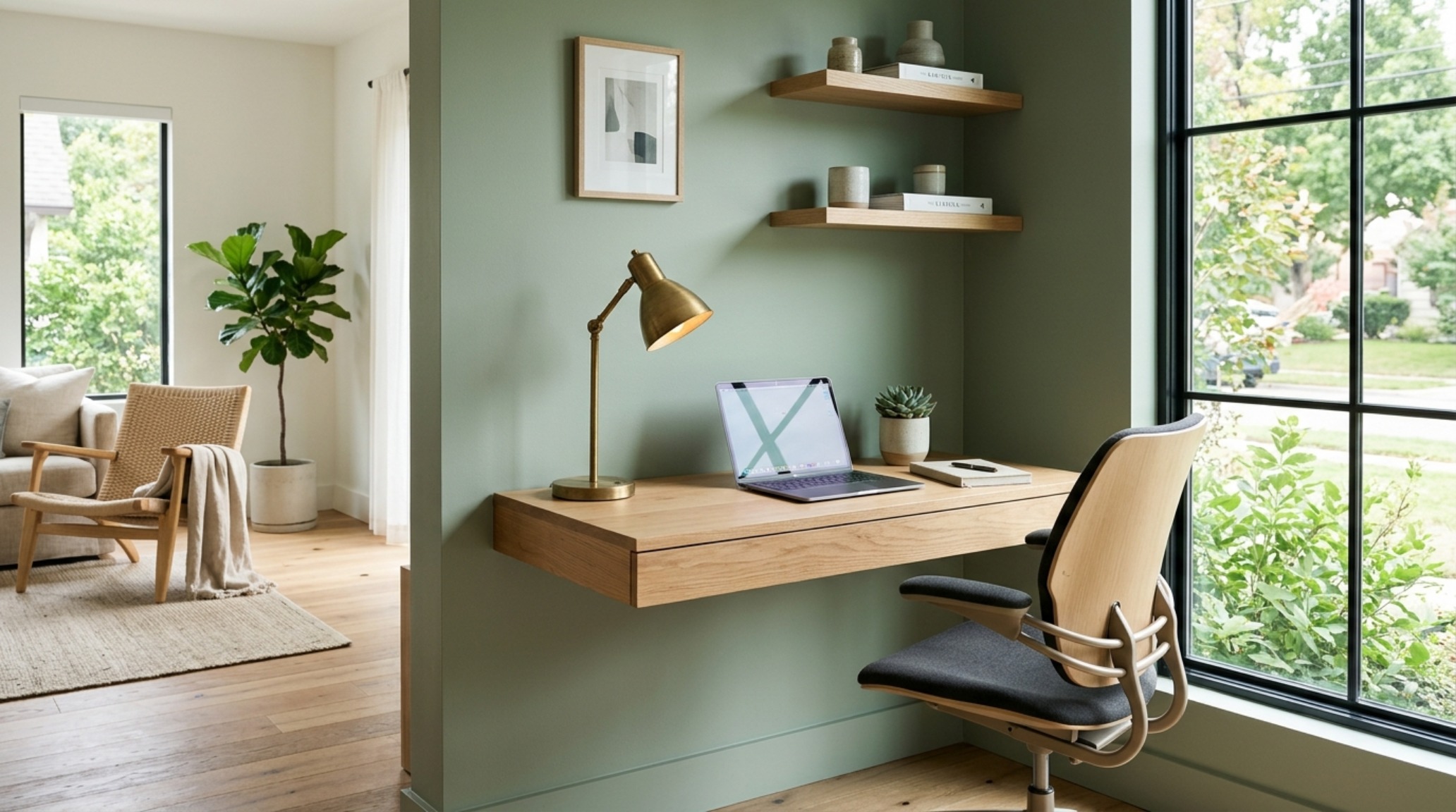 Minimalist living room layout with sage green built-in shelving, white oak accents, and a focused reach-clearance of 18 inches for the coffee table.
