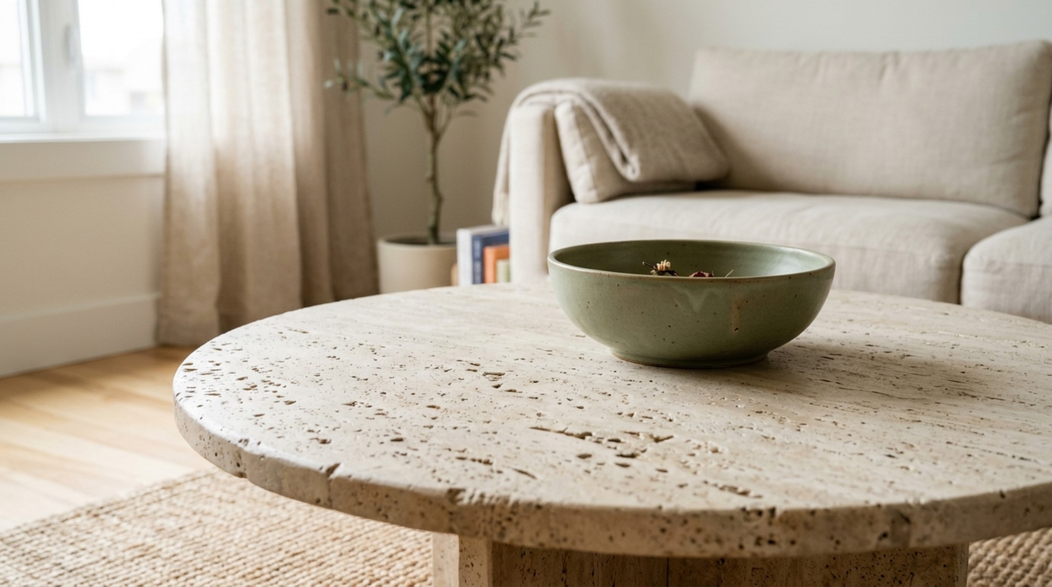 Close-up of a honed travertine coffee table with organic textures, styled with sage green ceramic vases and linen books in a modern living space.