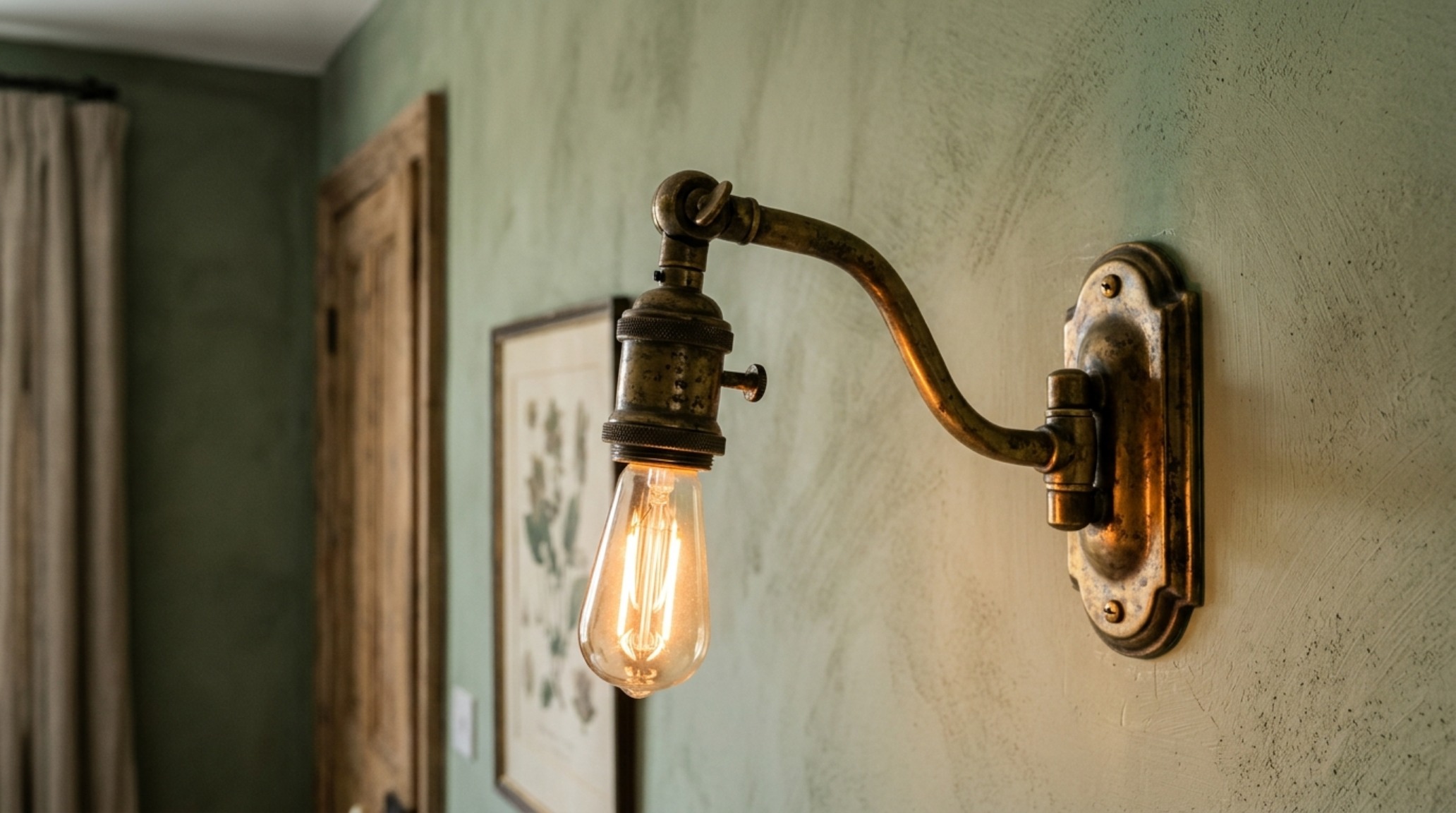 Detail shot of unlacquered brass wall sconces against a sage green accent wall, showing the interplay of warm light and matte architectural paint.