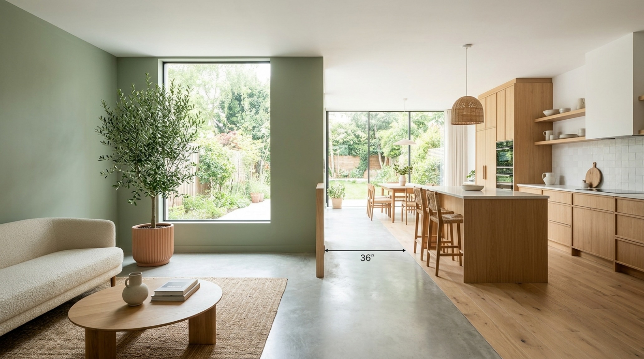 An organic modern dining area with a view into a sage green living room, showcasing a 36-inch clear walkway and natural white oak flooring.