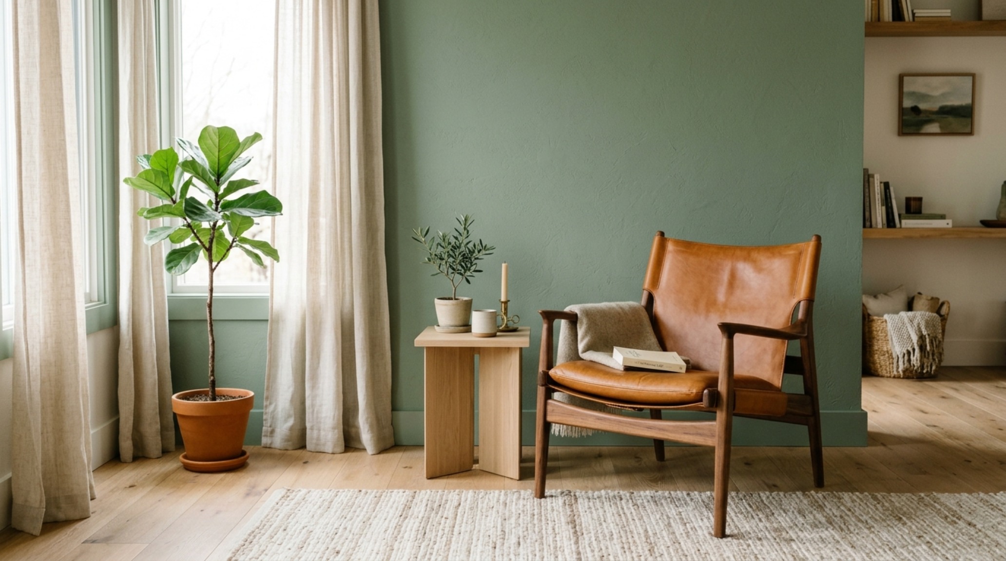 Architectural view of a sage green living room with a caramel leather accent chair and fluted oak cabinetry under soft morning sunlight.