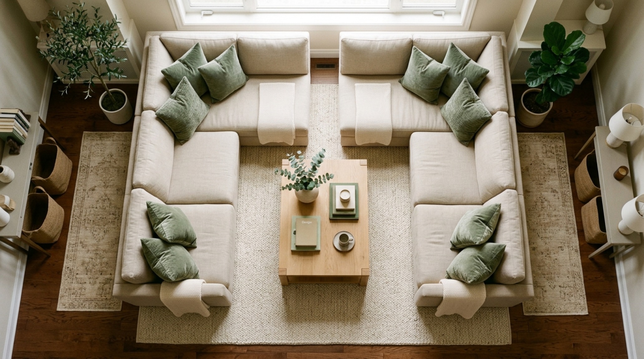 Wide-angle shot of a color-drenched sage green room including the ceiling, emphasizing the seamless 'Quiet Luxury' aesthetic with a beige textured rug.
