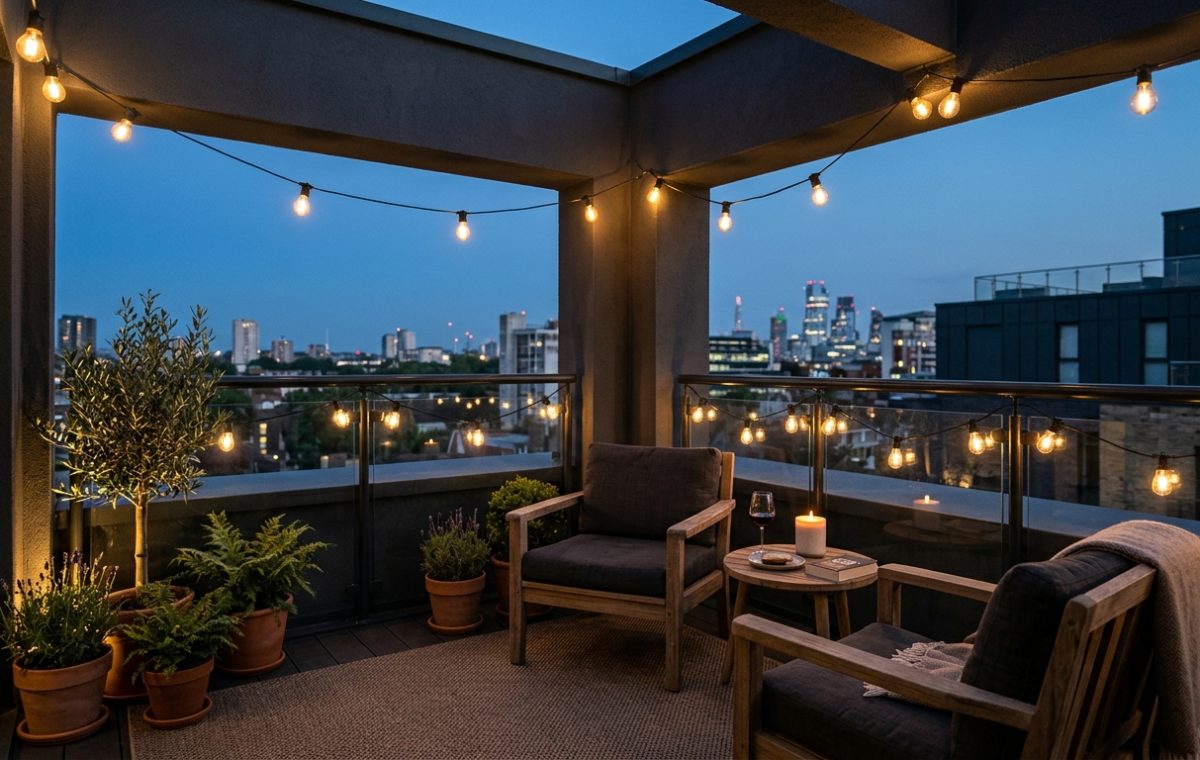A twilight shot of a small apartment balcony featuring 2700K warm white string lights draped over a teak privacy screen with Farrow & Ball Railings dark charcoal accents.