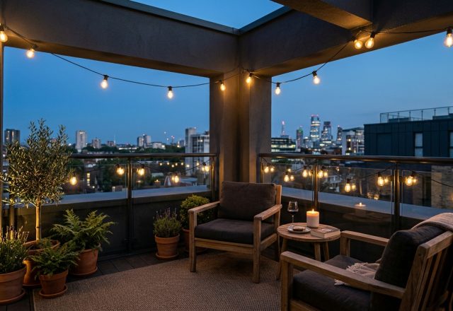 A twilight shot of a small apartment balcony featuring 2700K warm white string lights draped over a teak privacy screen with Farrow & Ball Railings dark charcoal accents.