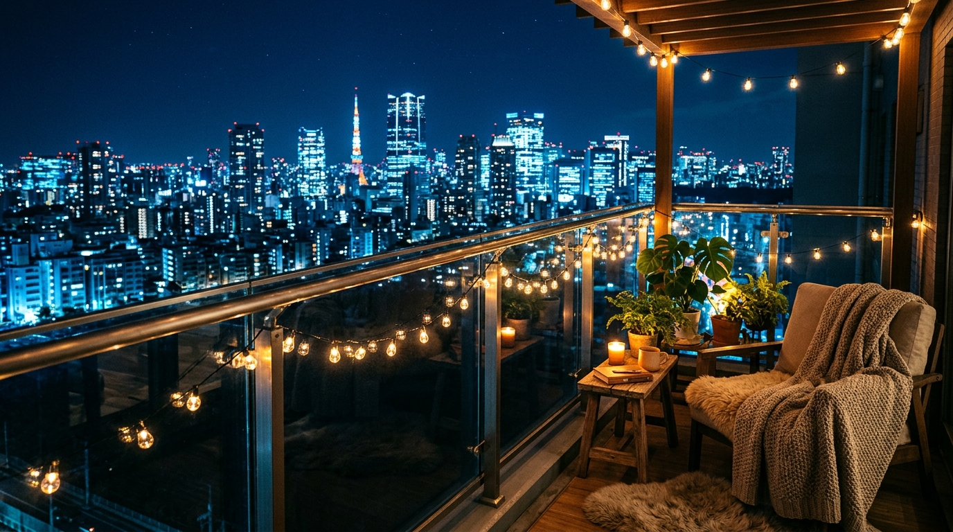 The contrast between urban city lights and the intimate 2700K warm glow of a private apartment sanctuary during the blue hour.