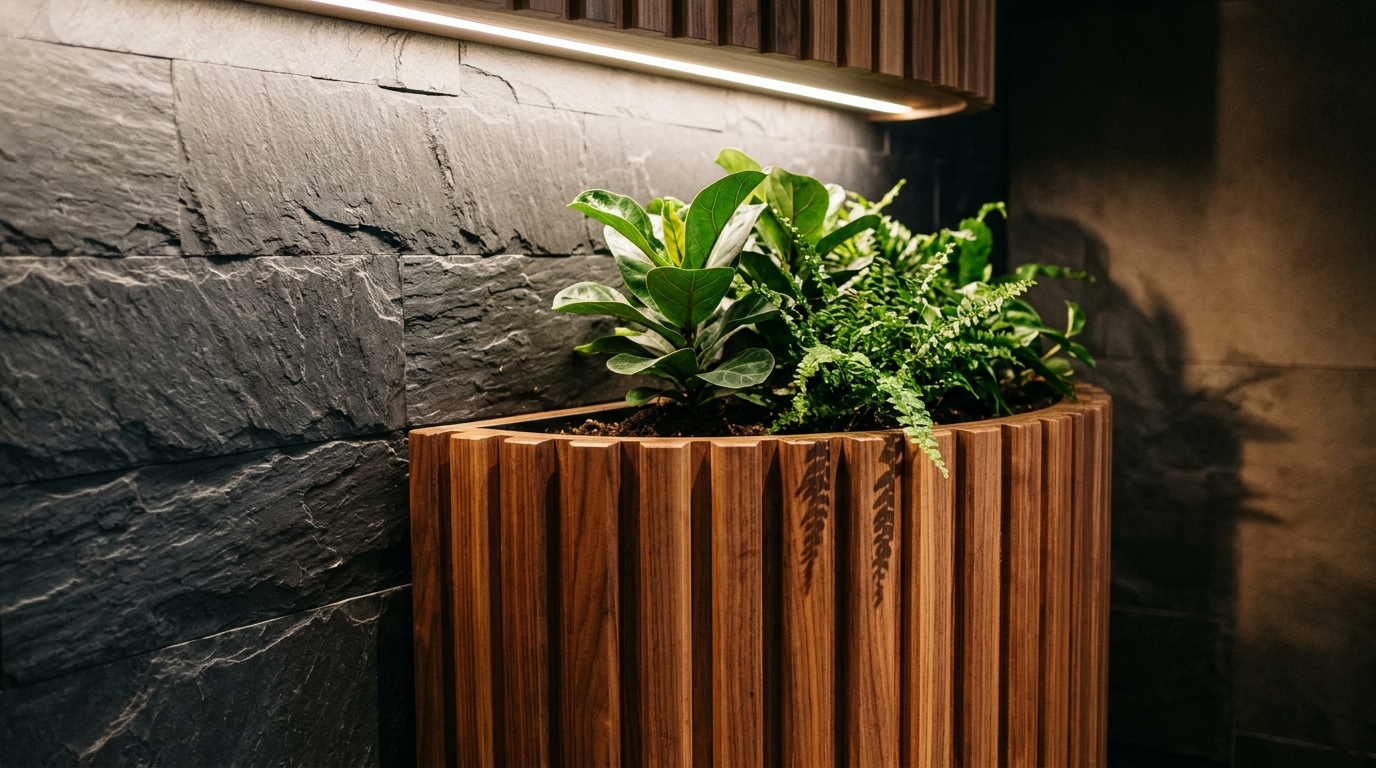 Close-up of a fluted oak planter box set against a 'Railings' charcoal wall with soft directional light highlighting the wood grain.