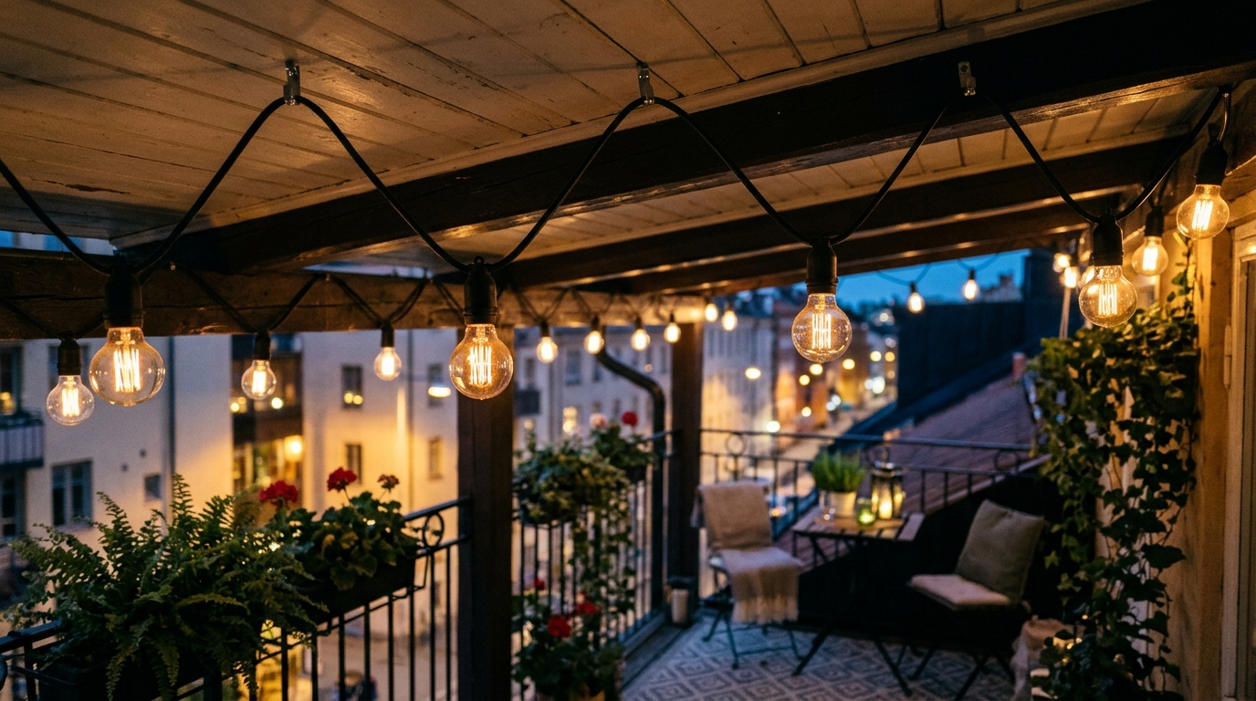 Strategic placement of waterproof bistro lights for apartments to accentuate vertical height and create a sense of expansive volume.