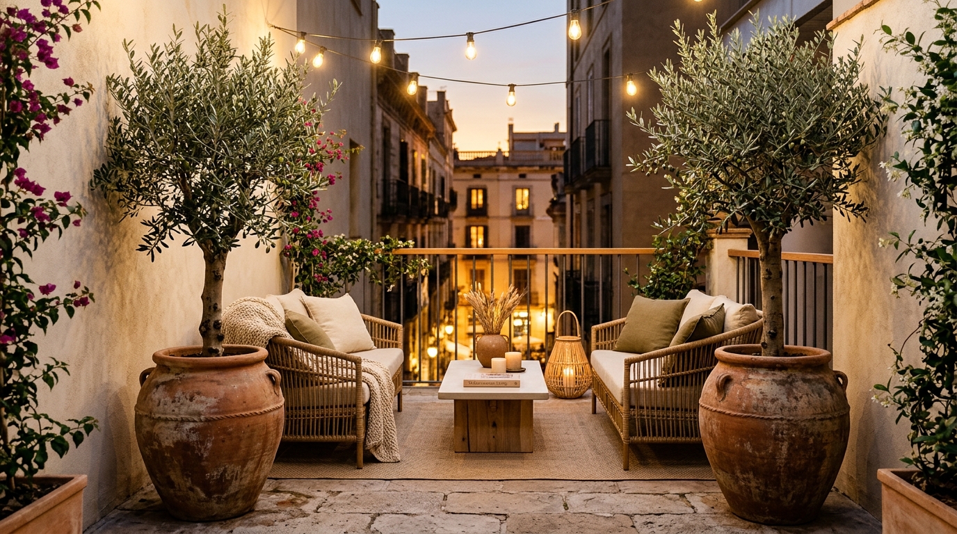 Biophilic design elements including oversized terracotta pots and soft grasses acting as a living privacy screen on a city balcony.