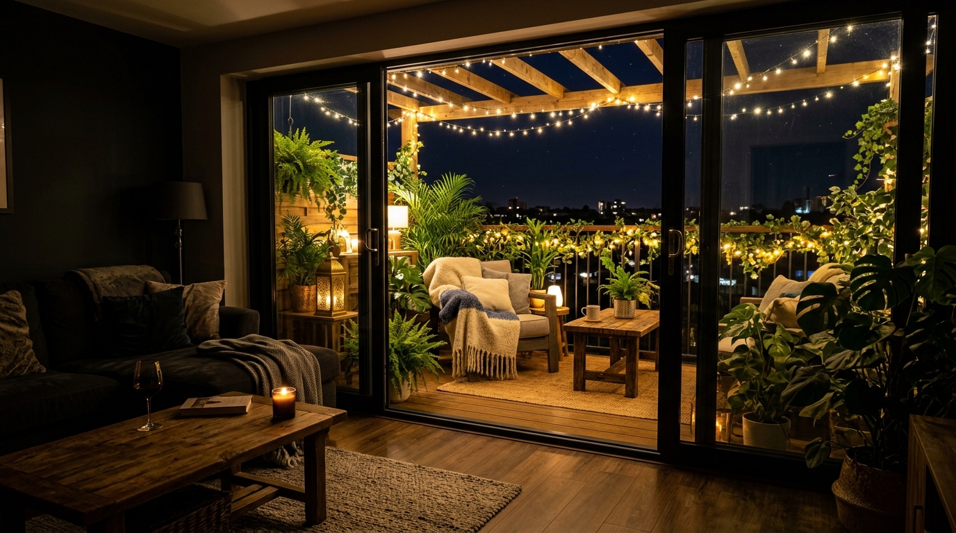 Sightline alignment perspective looking from a modern living room out to a perfectly matched 2700K illuminated balcony space.