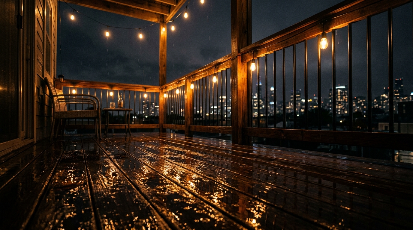 Moody evening shot of a balcony with soft-focus 2700K lighting reflecting off a dark-stained wood deck.