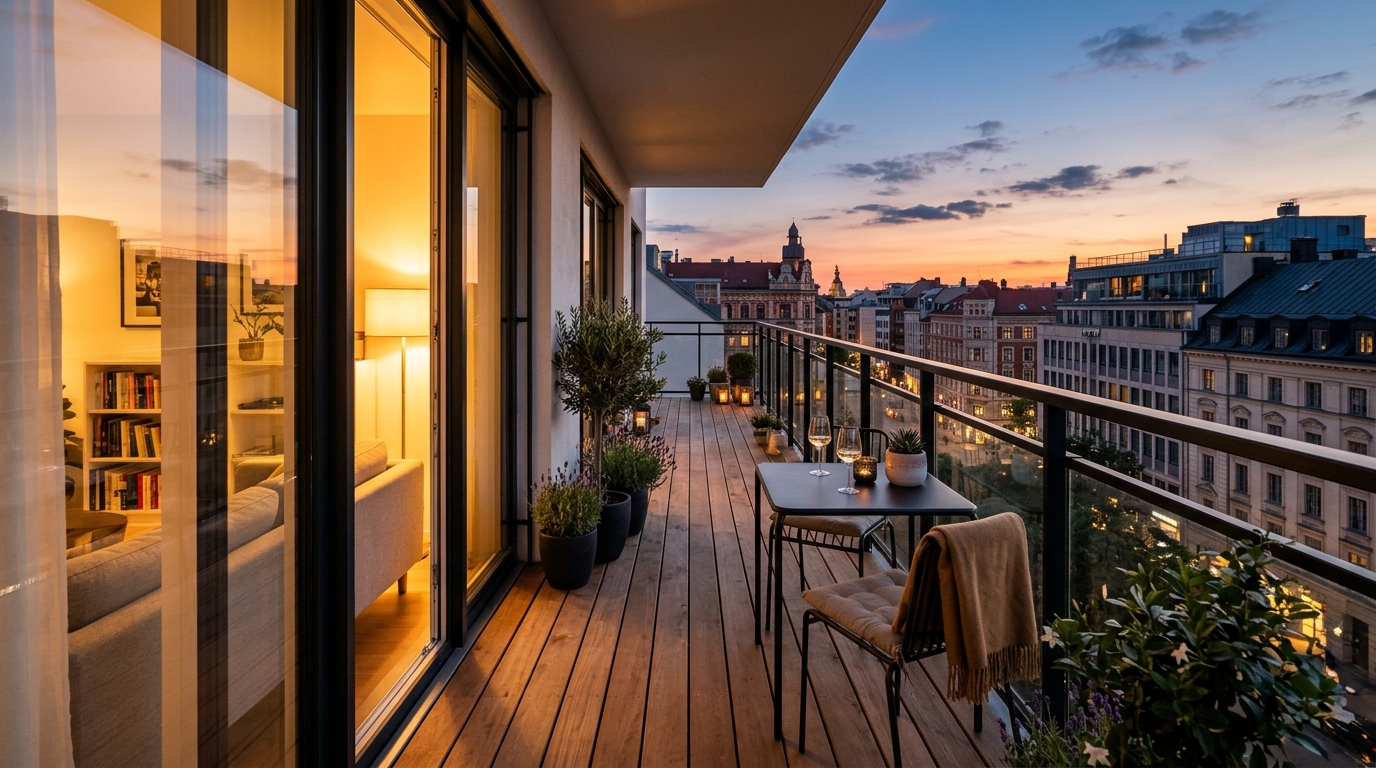 Architectural floor-level perspective of a narrow urban balcony showing a clear 36-inch walkway and slim-profile seating to maximize spatial cadence.