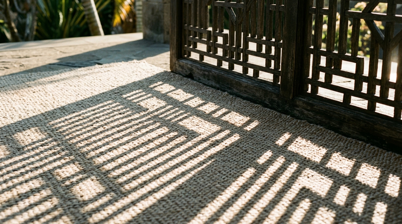 Geometric shadow patterns cast by a slatted teak screen onto a concrete balcony floor under warm ambient string lights.