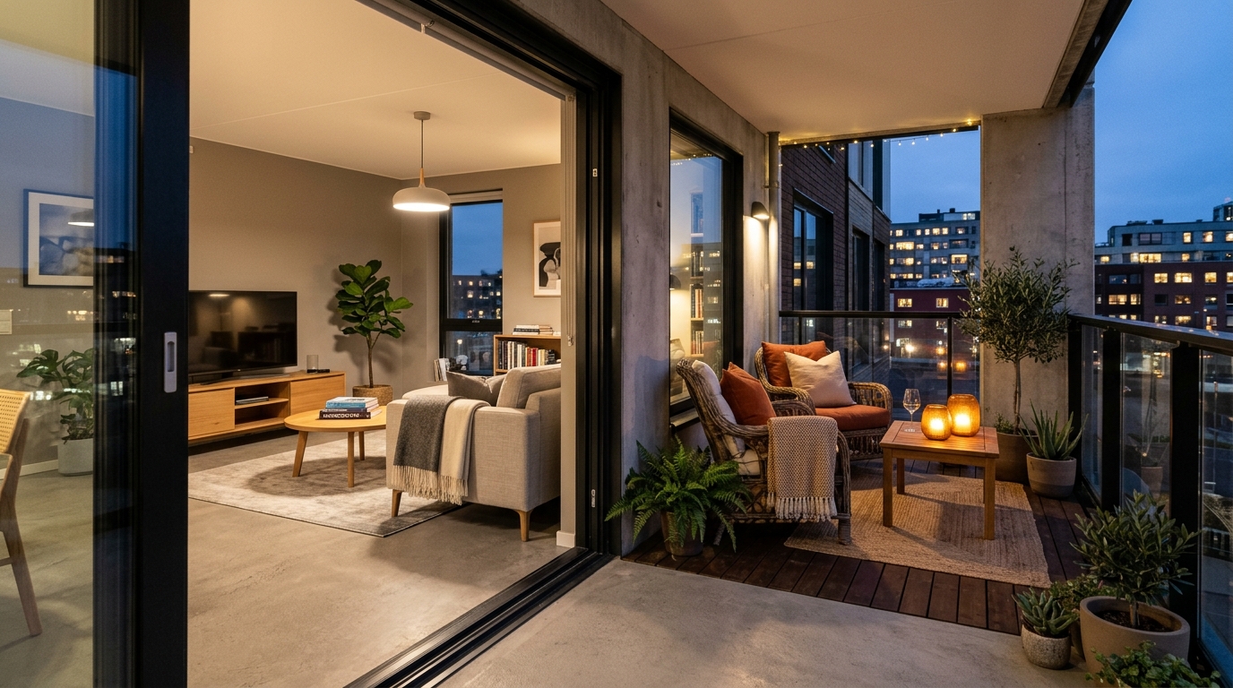 Interior-to-exterior flow showing a seamless transition between a neutral living room and a cozy 2700K-lit outdoor retreat.