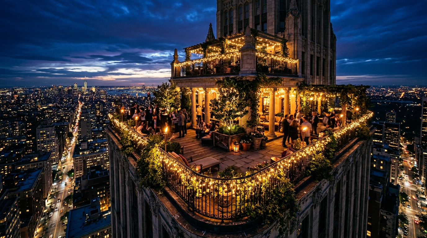 The final glow: A wide editorial shot of a completed 2700K Sanctuary balcony overlooking a dimly lit metropolitan skyline.