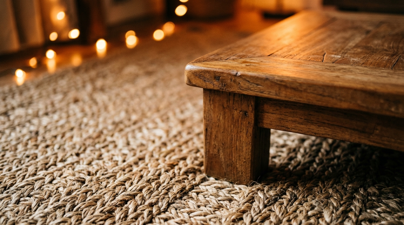Macro detail of a natural jute rug and weathered teak furniture catching the warm amber glow of high-CRI 2700K bistro lights at sunset.