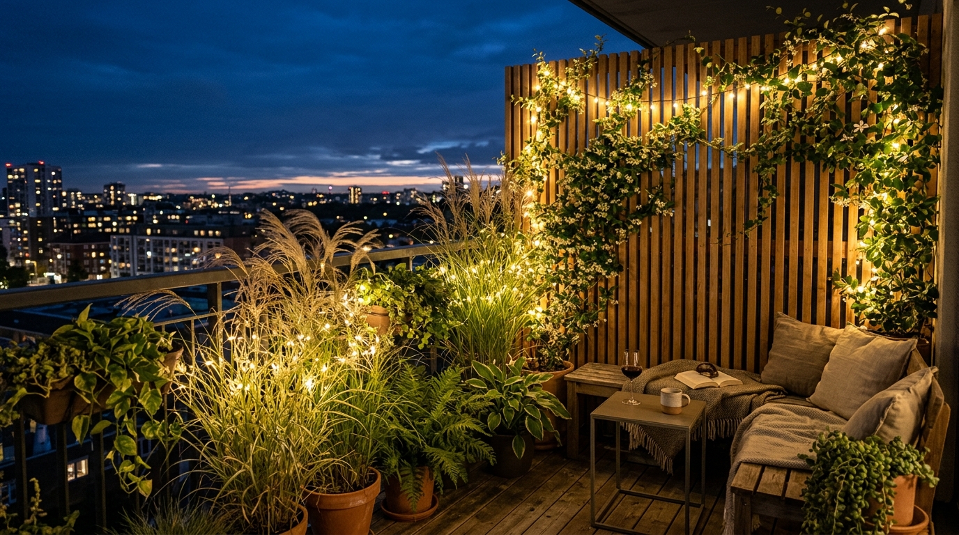 Atmospheric blue hour photography of a balcony garden privacy screen with integrated 2700K lighting creating soft-focus biophilic shadows.