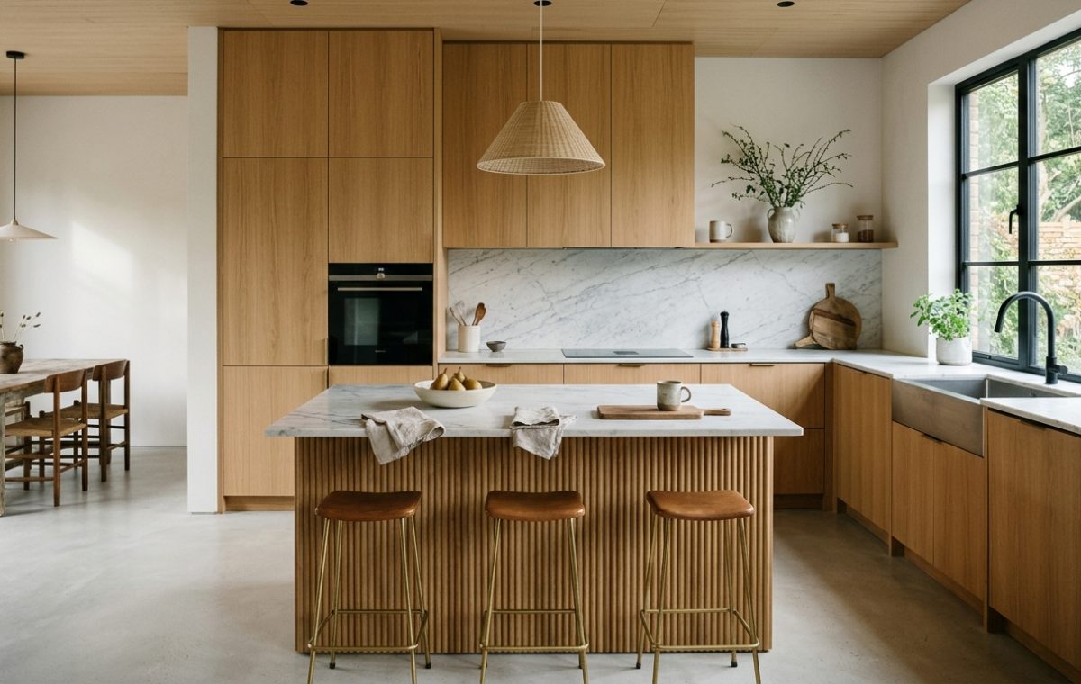 A bright, minimalist kitchen featuring a small kitchen island ideas hero shot with a honed marble top and fluted oak base, positioned for optimal floor flow.