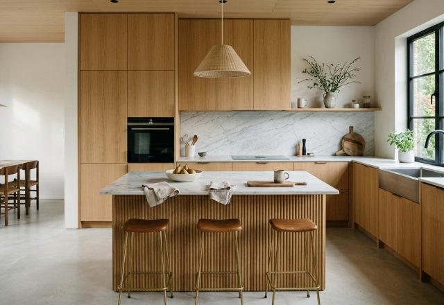 A bright, minimalist kitchen featuring a small kitchen island ideas hero shot with a honed marble top and fluted oak base, positioned for optimal floor flow.