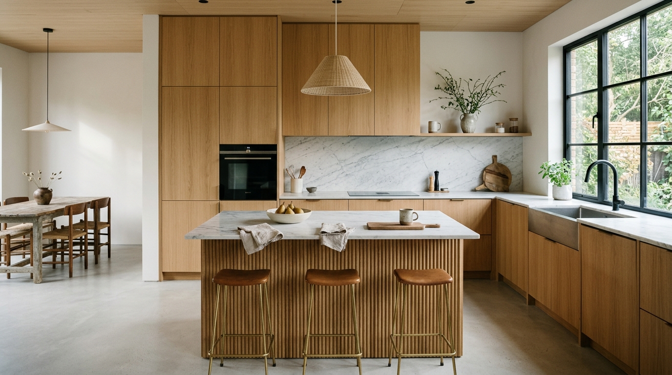 A bright, minimalist kitchen featuring a small kitchen island ideas hero shot with a honed marble top and fluted oak base, positioned for optimal floor flow. A bright, minimalist kitchen featuring a small kitchen island ideas hero shot with a honed marble top and fluted oak base, positioned for optimal floor flow.